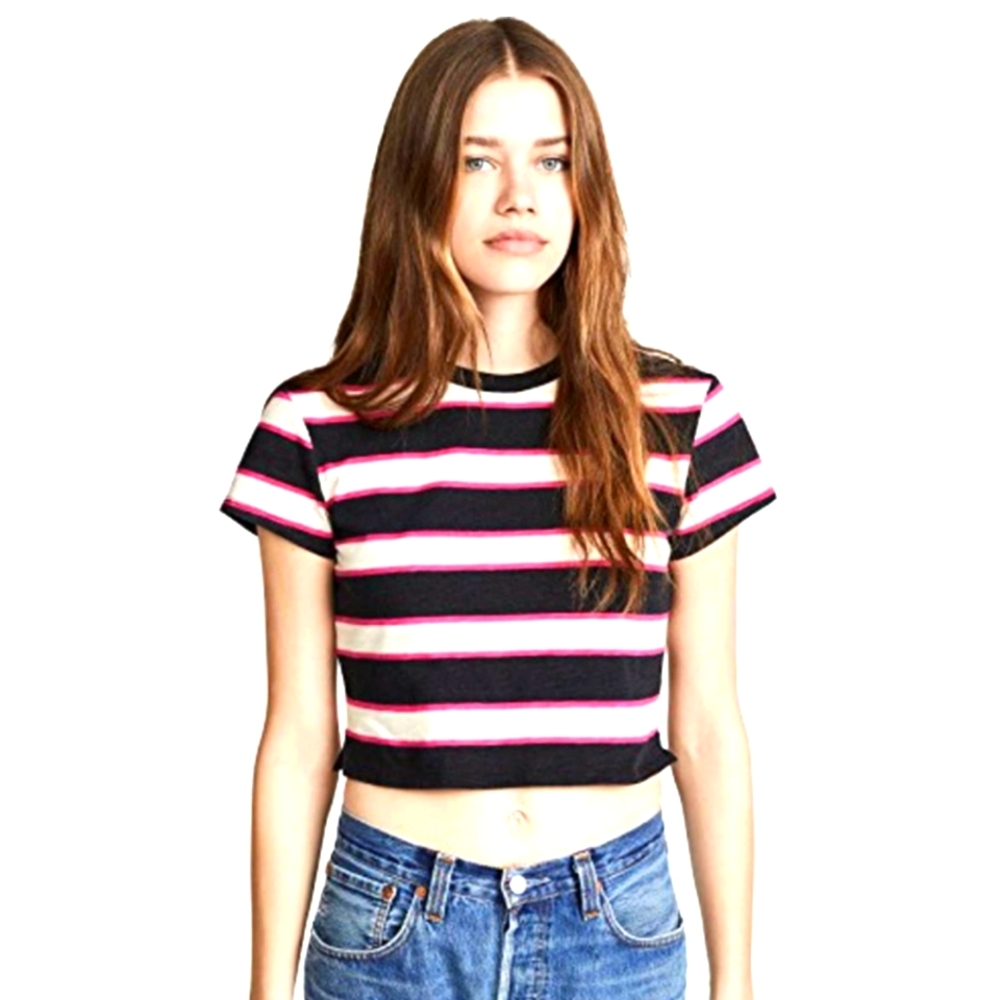 Pam & Gela Striped Crop Tee in Black Pink Cream Stripe Size M